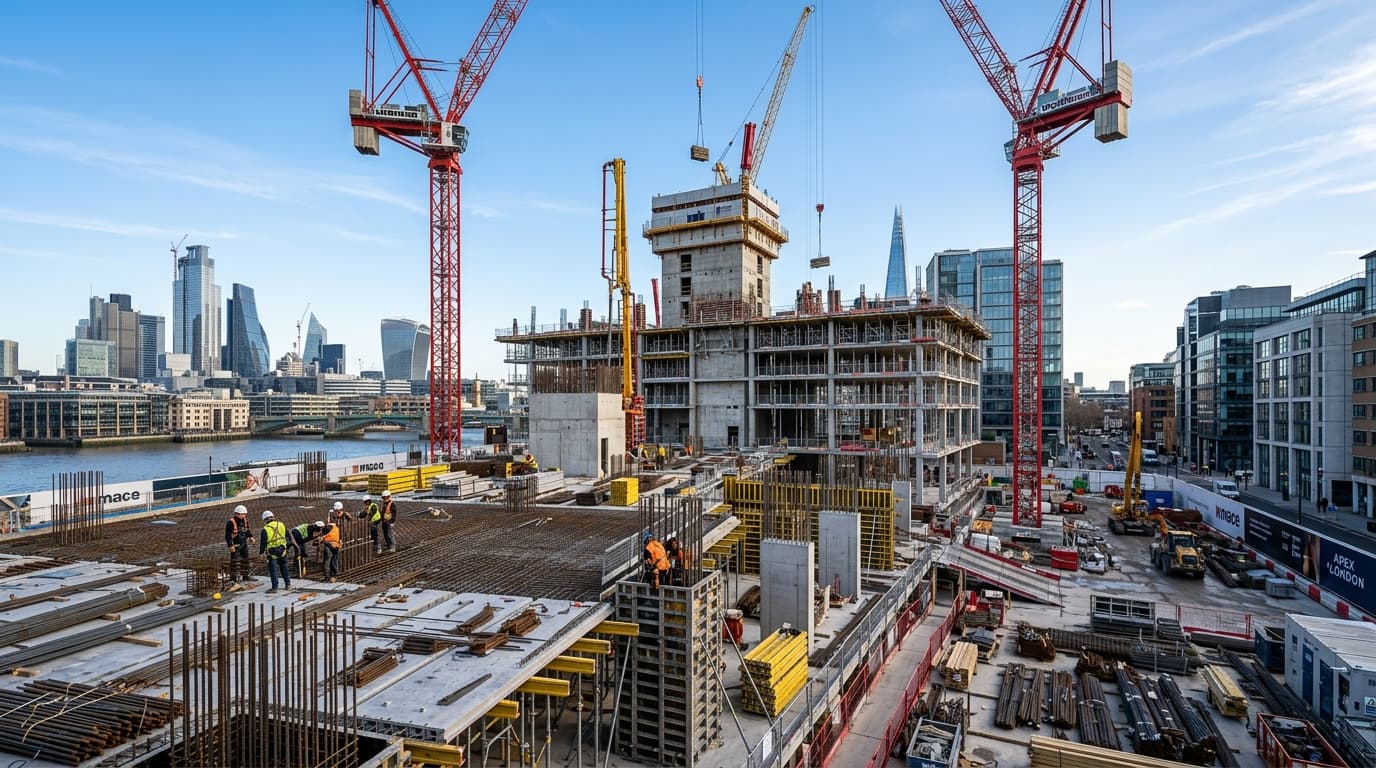 Major European infrastructure and commercial construction site in Georgia with formwork and cranes